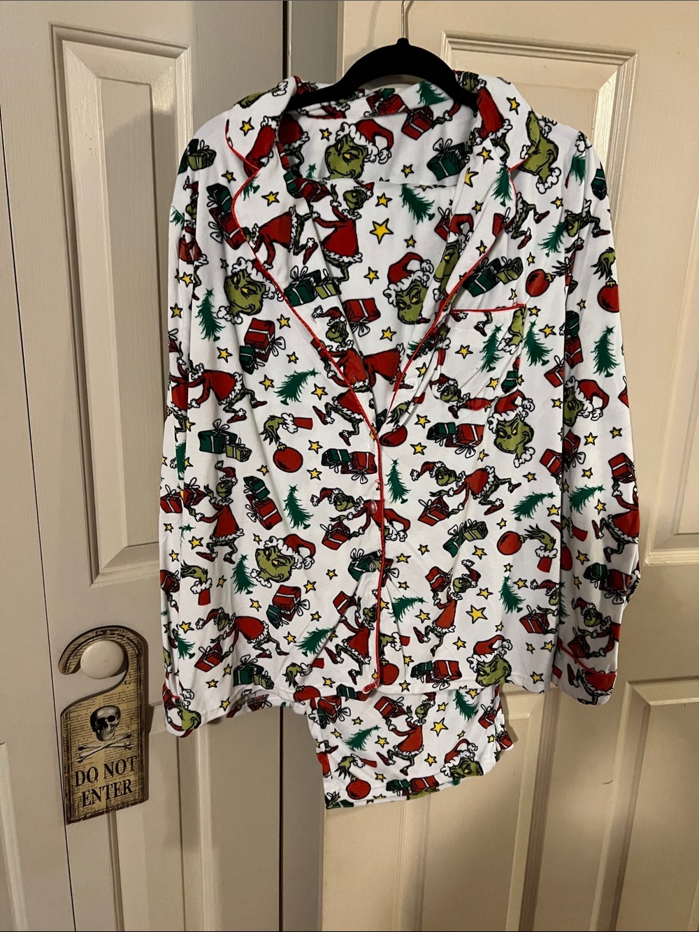 Women's White Grinch Holiday Pajama Set with Red Trim